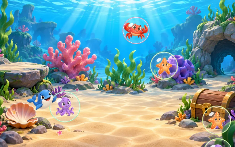 Fundo do mar com bolhas transparentes subindo, uma com um caranguejo, outras com estrela-do-mar e polvo, e um golfinho que acabou de sair de uma bolha estourada.