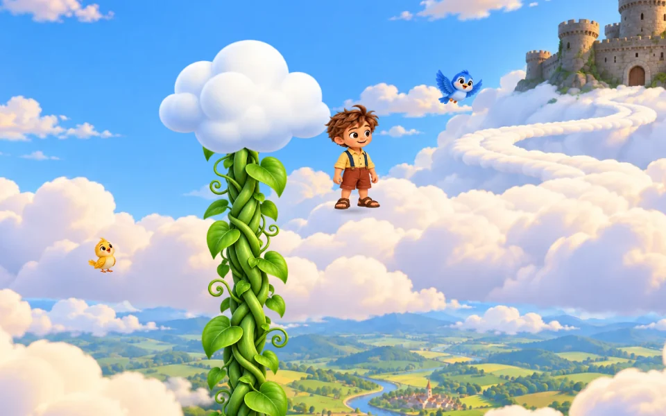 João subindo o pé de feijão gigante até as nuvens.