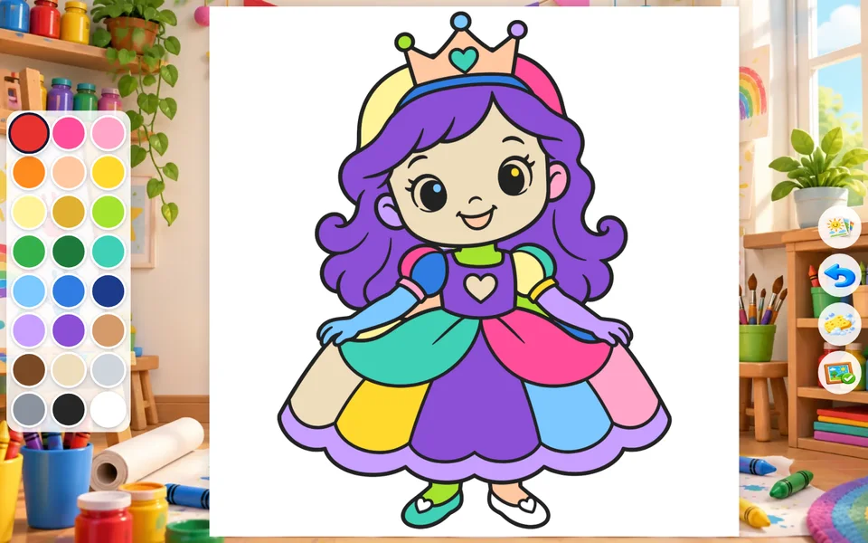 Página de colorir de uma princesa pintada com cores alegres, ao lado de uma paleta com 24 bolinhas de cor.