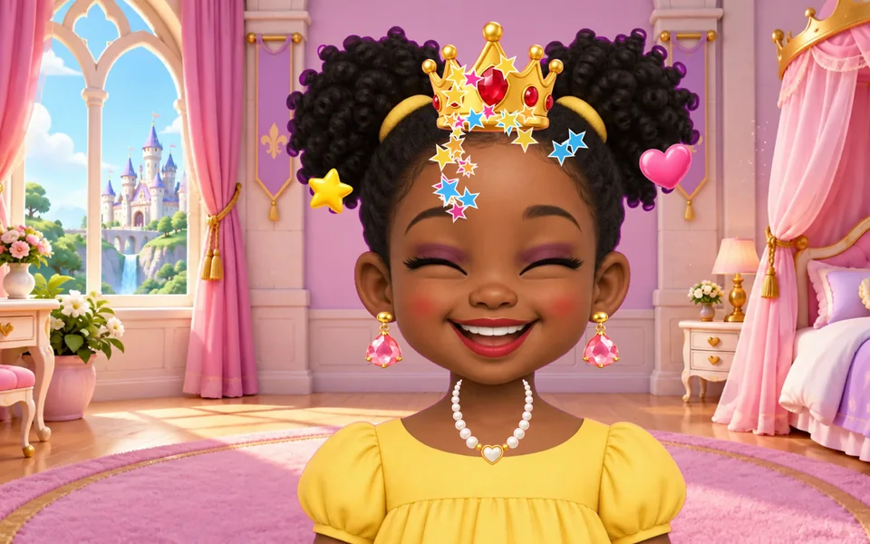 Princesa de pele negra e cabelo crespo em dois puffs, sorrindo de olhos fechados, com coroa de ouro, sombra lilás, batom, brincos rosa e colar de pérolas, num quarto de castelo cor-de-rosa com estrelas.