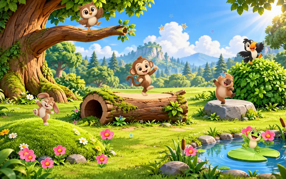 Clareira de floresta ensolarada com uma coruja dançando no galho, um macaco pulando sobre um tronco, uma capivara na pedra, um tucano na moita, um sapo na vitória-régia e um coelho na grama, entre flores cor-de-rosa e estrelas.