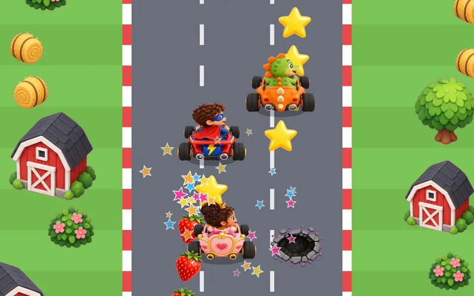 Estrada vista de cima numa fazenda, com a princesa num kart rosa pegando uma estrela, um super-herói e um dinossauro em outros karts, morangos e estrelas pelo caminho, um buraco, celeiros e árvores nas margens.