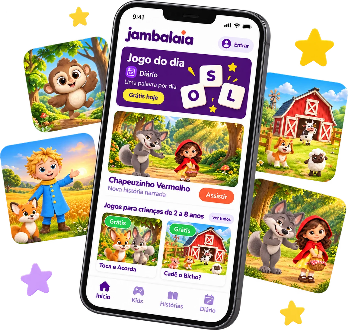 O app Jambalaia no celular, com o jogo do dia, a história da Chapeuzinho Vermelho e jogos para crianças